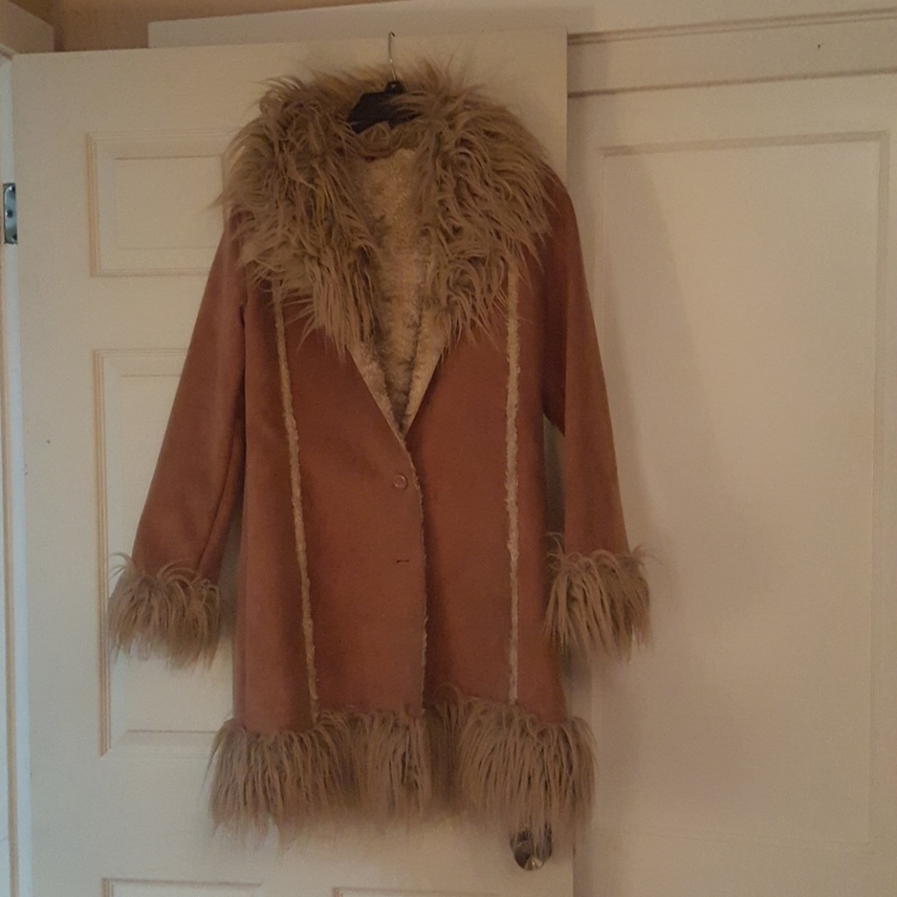 Faux Suede and Fur Mid-Length Coat